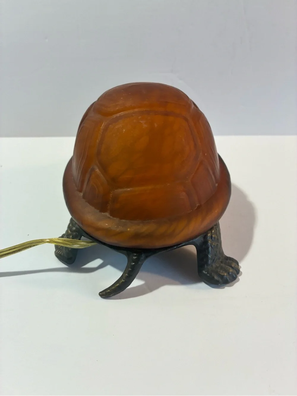 Vintage Amber Glass Turtle Lamp Bronze Tone Cast Metal 8.5